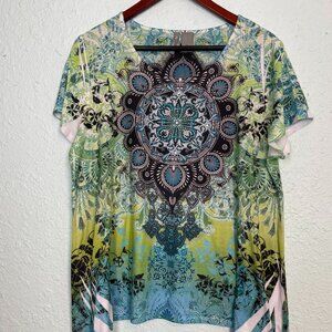 Women's Print Top New Directions Weekend Size XL Uneven Hem Short Sleeve 174